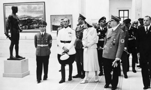 Hitler Shows Off German art – purged of modernism, impressionism and cubism – is shown off by Adolf Hitler and propaganda minister Joseph Goebbels (far left) in Berlin in 1939. Photograph: Bettmann/Corbis