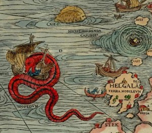 The original Sea Orm. Detail from Magnus’s Carta Marina of 1539 showing a bright red monster encircling a ship off the coast of Norway with maelstrom whirling away to the right – Source. 