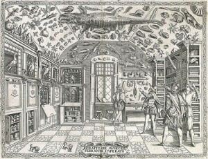 Engraving from the Dell'Historia Naturale (1599) showing Naples apothecary Ferrante Imperato's cabinet of curiosities, the first pictorial representation of such a collection